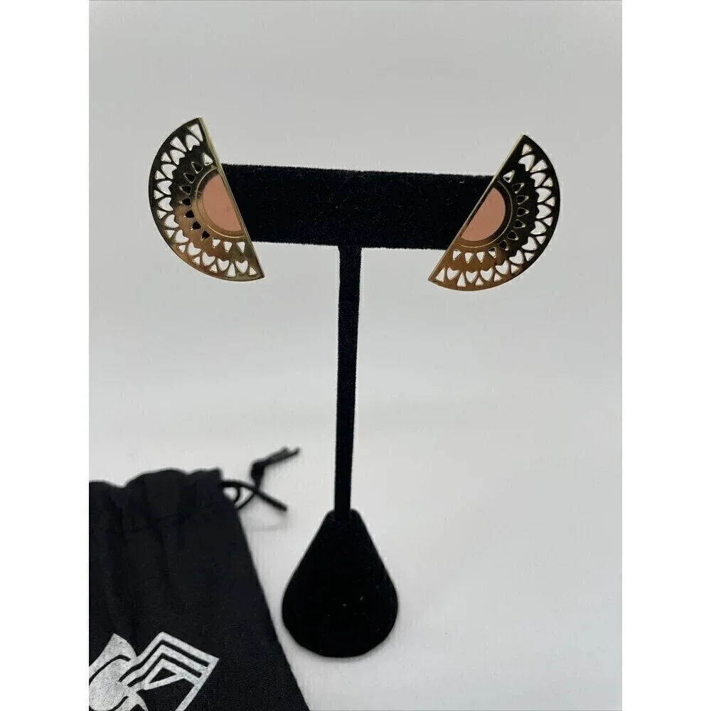 Chic Alors Paris Gold Tone Half Moon Filigree Pink Enamel Detail Earrings Boho